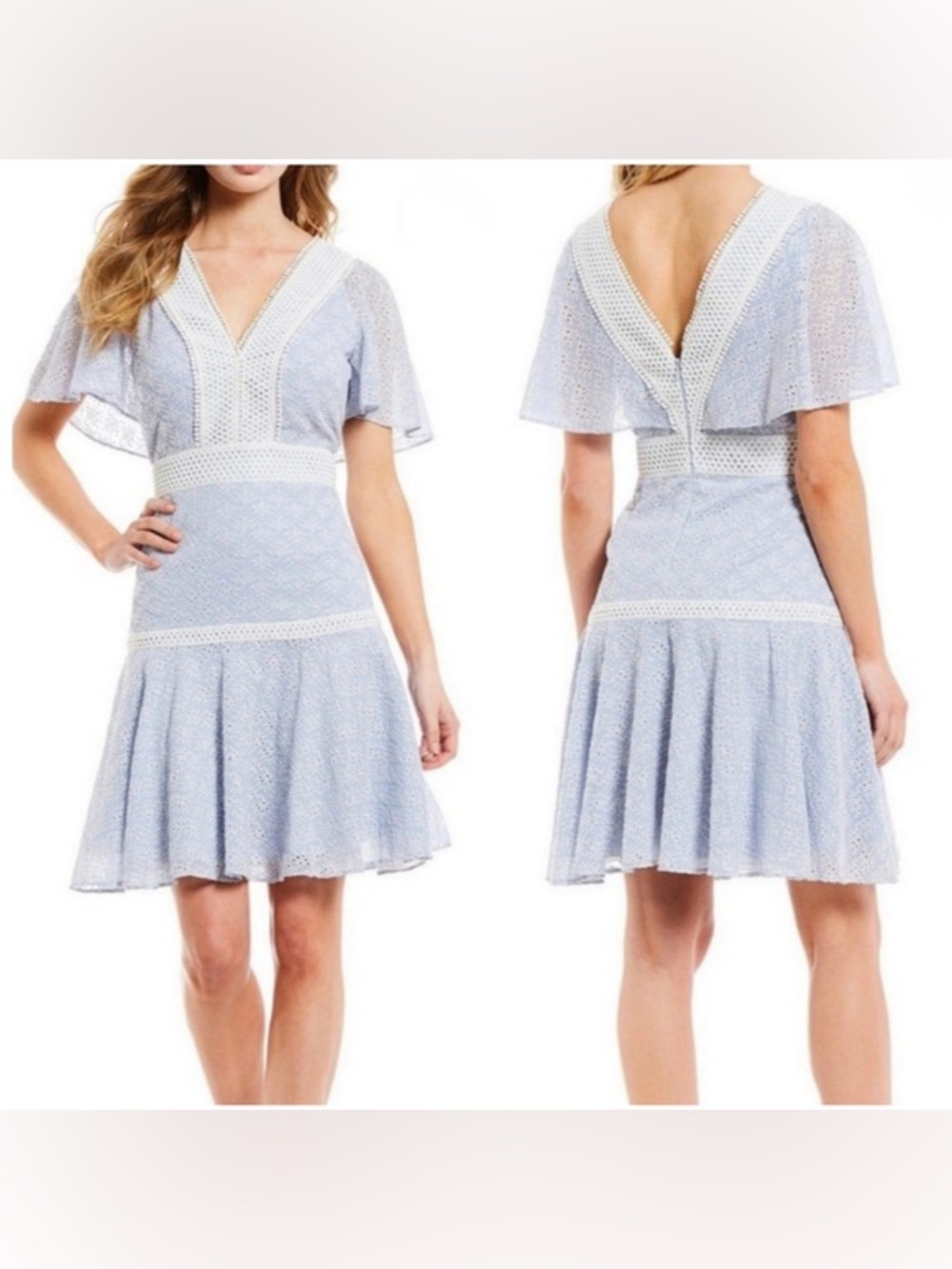 Light Blue Eyelet Lace Fit-and-Flare Dress with Crochet Trim - Picture 2 of 5
